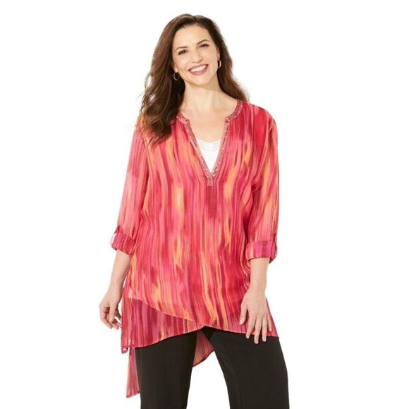 Catherines Womens Chiffon Tunic Top Size 4X Striped Asymmetric Pink Burst - Picture 1 of 7
